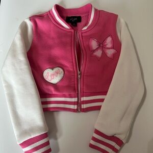 Girls' Pink & White Zip-Up Bomber Jacket - Cute Bow Detail
